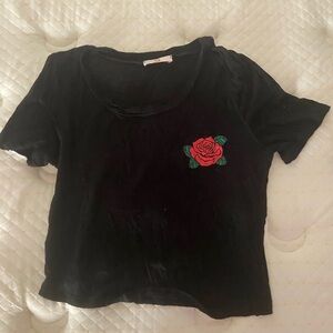 Black Short Sleeve Tee with Rose Embroidery